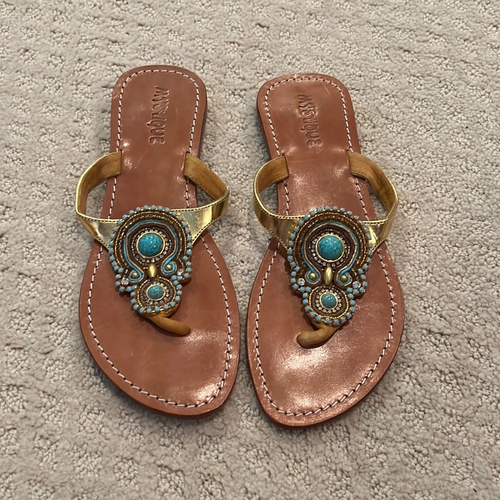 Mystique gold and aqua beaded and rhinestone flip flop sandals